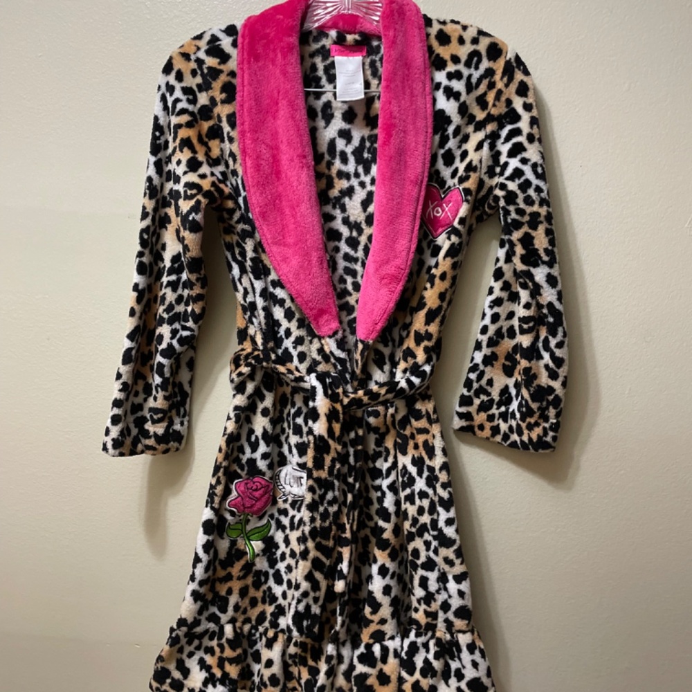 Betsey Johnson Robe Leopard Print Girl's Large (10-12) Heart Rose